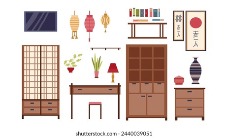 Set of furniture and decor for an Asian-style office, a collection for an oriental Japanese interior isolated on a white background. paintings, translated into English, mean happiness, luck and joy.
