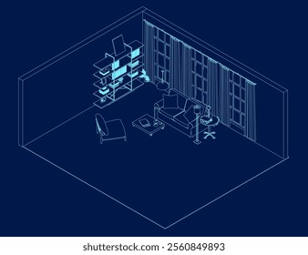 A set of furniture and decor contour to create a living room interior with a workplace. Isometric view. 3D