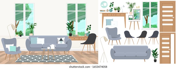 Un conjunto de muebles y decoración para crear un salón interior con un lugar de trabajo.