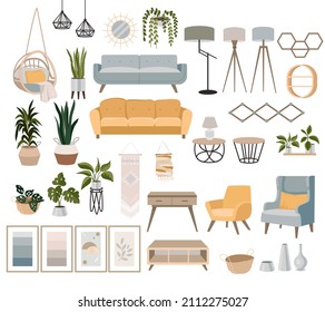 A set of furniture and decor elements. Collection of interior items for a cozy isolated interior. Vector illustration.