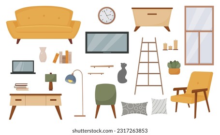 set of furniture and decor elements, interior item collection, sofa, armchair, plant, desk, window, tv, books, vase, lamp, shelf, pillow, vector modern illustration