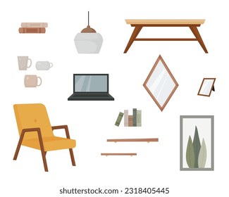 set of furniture and decor elements, interior item collection, sofa, plant, books, lamp, mirror, vector modern illustration
