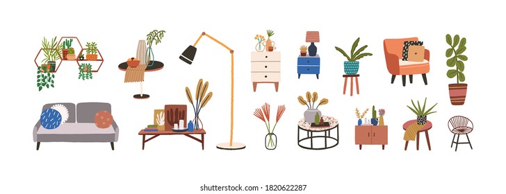 Conjunto de móveis e elementos de decoração vetorial ilustração plana. Coleção de decorações para casa para aconchego interior isolado. Cômoda elegante, sofá, planta de casa, poltrona, abajur e mesa