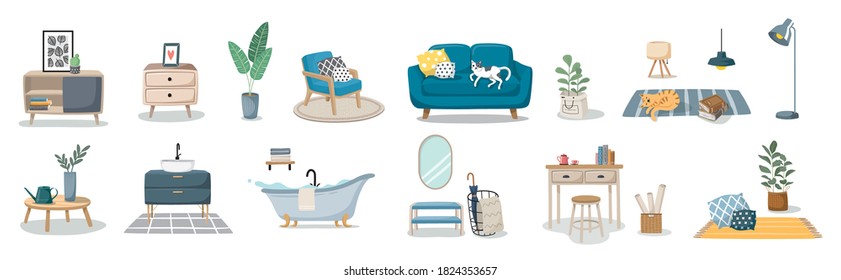 Set of furniture and decor elements vector flat illustration. Stylish chest of drawers, couch, houseplant, armchair, lamp, bathtub, carpet and table