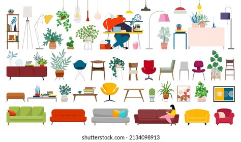 Set of furniture and decor elements vector flat illustration. Collection of home decorations for cosiness interior isolated. Stylish chest of drawers, couch, houseplant, armchair, lamp and table