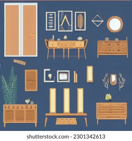 Set of furniture and decor elements vector flat illustration. Home decoration collection for cozy interior isolated. Stylish chest of drawers, sofa, houseplant, armchair, lamp and table