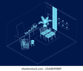 A set of furniture and decor wireframe to create a living room interior with a workplace. Isometric view. 3D