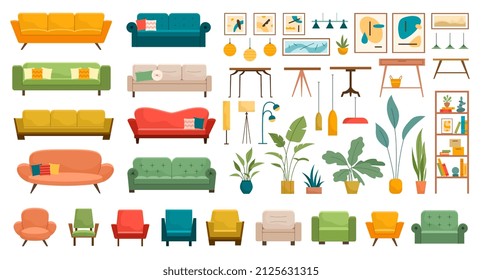 Set of furniture and decorations for house. Colorful stickers with sofas, armchairs, paintings, potted flowers, lamps and bookcase. Cartoon flat vector collection isolated on white background