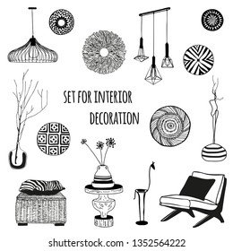 set of furniture and decorative elements for the interior in African style, vector illustration