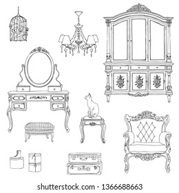 Set of furniture and decorative elements for interiors in Provence style. Hand-drawn vector illustration