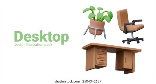 Set of furniture and decorative plants for workplace design. 3D desk, office chair, pot with plant