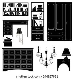 set of furniture depicted as a black white silhouettes on a white background