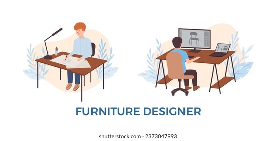 Conjunto de diseñadores de muebles de estilo plano, ilustración vectorial aislada en fondo blanco. Colección de elementos de diseño decorativos, dibujando en papel y computadora, personajes masculinos sonrientes