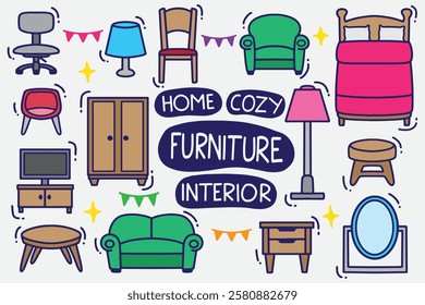 set of furniture doodle with color good for background, wallpaper, element design, sticker, icon, etc