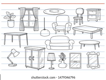 Set Of Furniture In Doodle Style For Decoration.