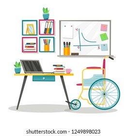 A set of furniture for the education of a person with disabilities. Wheelchair, desk, magnetic board, shelves of books. Workspace, home schooling, interior. Cartoon flat style. 1