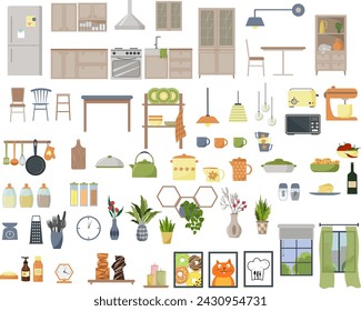 Set of furniture and elements for the kitchen. Table and cabinets, refrigerator and stove. Kitchen utensils, spices in jars, decorative flowers and figurines. Vector flat illustration. For advertising