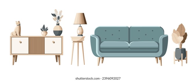 Set of furniture elements for living room: cofa, dresser, console table and houseplants. Flat style vector illustration isolated on white background in eps 10