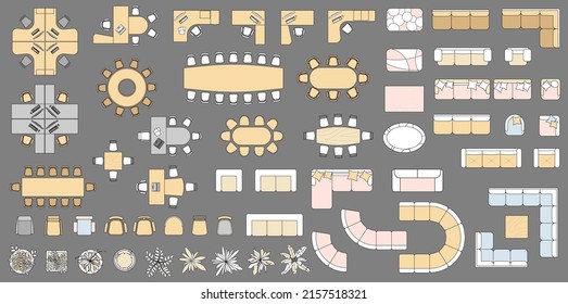 Set of Furniture elements top view for plan of office, house, apartment, workspace. Kit of objects. Colorful collection of Interior icon. Table, chair, sofa, plant. Symbol for interior design, project