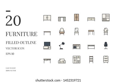Set of Furniture Filled Line Icon Set. Furniture Filled Outline Icons. Vector Icon.
