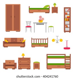 Set of furniture flat icons. Vector illustration. Living room, bedroom, baby cradle, table and chairs, wardrobe and lamps. Comfort interior design.