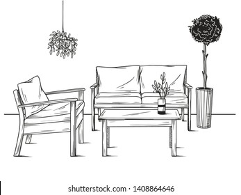 Set of furniture for the garden. Armchairs, sofa and table among the plants. Vector illustrations in sketch style