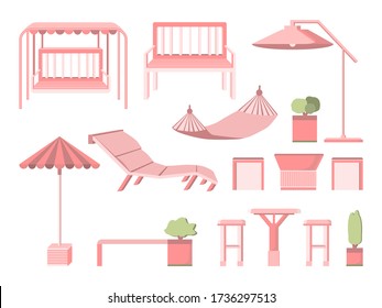Set furniture for garden and terrace in flat style isolated on white background. Bench, deck chair, swing, deck chair, umbrella, tea table, trees. Country furniture.