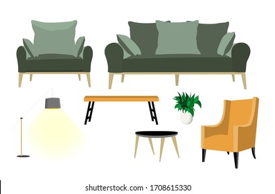 A set of furniture for the guest room: sofa, armchair, coffee table and floor lamp. Interior items. Big set of furniture. Vector illustration isolated on white.