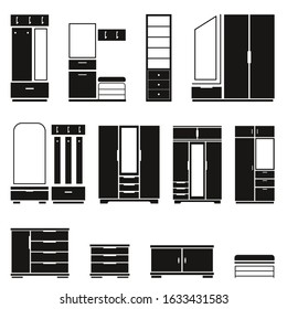 Set of furniture in the hallway: dressing table, mirror, wardrobe, Ottoman. Vector