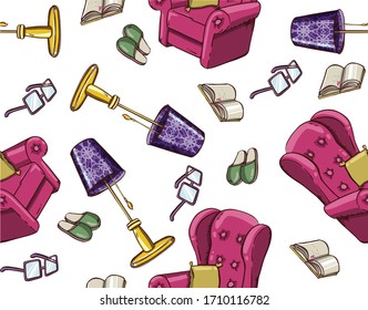 Set of furniture for hand drawn illustrations. Home decor design elements isolated on white background. Cartoon sofa, book, slippers, glasses and a lamp 02