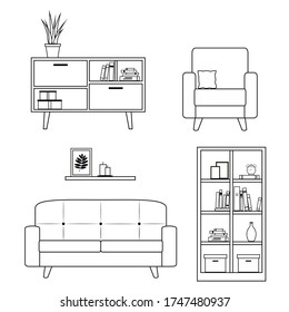 Set of furniture and home decor for living room including sofa, armchair, and bookcase. Lineart design. Vector illustration isolated on white background