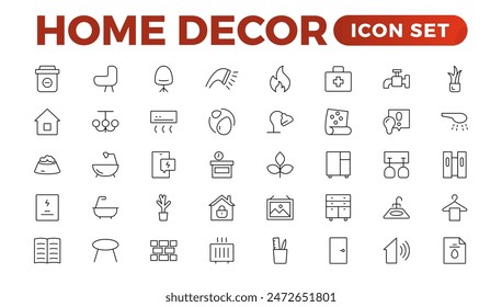 Set of furniture and home decor related icon set. home decor, decorations line icons. Contains such Icons as Children's Bed, Sofa, Hanger and more. Linear icon illustration collection.