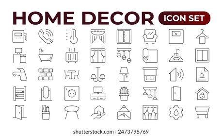 Set of furniture and home decor related icon set. home decor, decorations line icons. Contains such Icons as Children's Bed, Sofa, Hanger and more. Linear icon illustration collection.