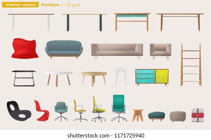 Set of furniture for home design. Cartoon vector illustration. Interior creator. Chairs, desks, tables and sofas.