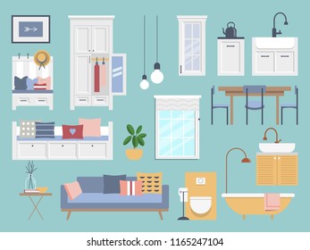 A set of furniture for home. Furniture for the living room, hallway, kitchen and bathroom. Window, lighting, indoor plant. Objects are located in isolation. Vector illustration