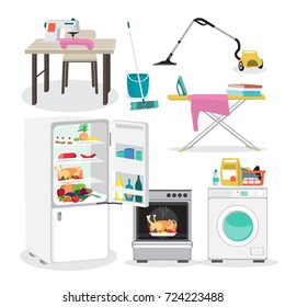 Set Of Furniture And Household Items. Fridge, Stove, Washing Machine. Flat Cartoon Vector Illustration