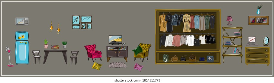 A set of furniture and household items. Wardrobe with a set of clothes on hangers and bags. Chairs and cabinets, chests of drawers and shelves, refrigerator and lamps, floor lamps and chandeliers. 