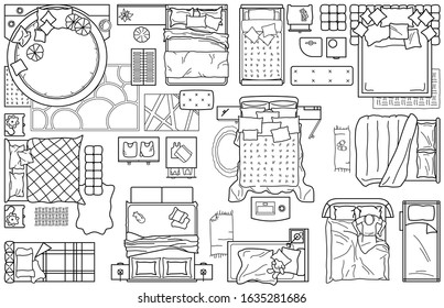 Set of furniture icons for the bedroom, top view. The layout plan of the apartment. Interior icon for floor plan. A set of beds (sign and symbol)
plan of the bedroom design. Vector blueprint