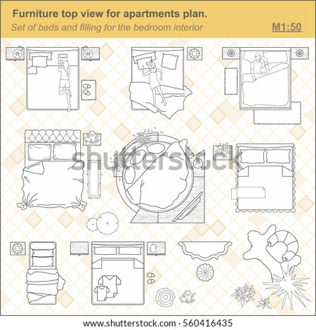 A set of furniture icons for the bedroom, top view. The layout plan of the apartment. Interior icon for floor plan. A set of beds (sign and symbol)
plan of the bedroom design. Vector.