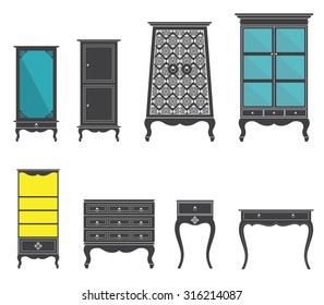 Set of furniture icons in flat design. Thai art. Vector Illustration