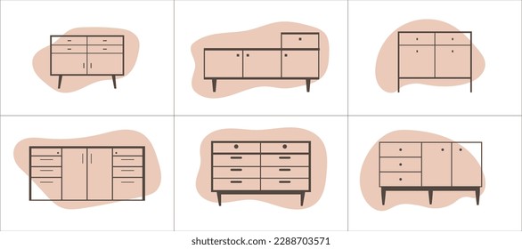 Set of furniture icons in flat style. Cabinet outline icons set on abstract shapes backgrounds