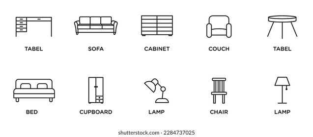 set of furniture icons. includes a table, sofa, cabinet, couch, bed, cupboard, lamp, And chair. Editable stroke icon collection.