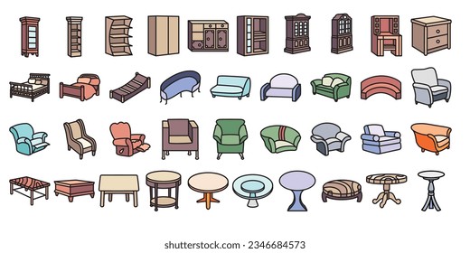 A set of furniture icons, including cabinets, tables, and sofa.