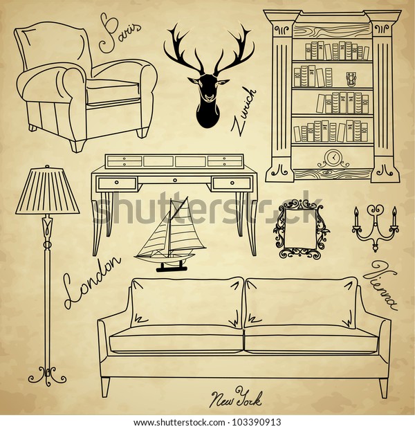 Set Furniture Icons Living Room Furniture Vintage