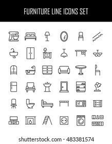 Set of furniture icons in modern thin line style. High quality black outline home symbols for web site design and mobile apps. Simple linear interior pictograms on a white background.