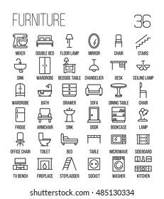 Set of furniture icons in modern thin line style. High quality black outline home symbols for web site design and mobile apps. Simple linear interior pictograms on a white background.