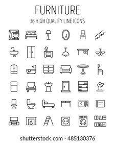 Set of furniture icons in modern thin line style. High quality black outline home symbols for web site design and mobile apps. Simple linear interior pictograms on a white background.