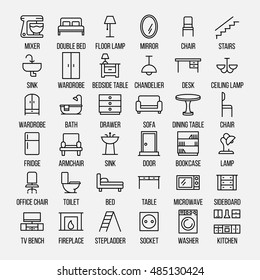 Set of furniture icons in modern thin line style. High quality black outline home symbols for web site design and mobile apps. Simple linear interior pictograms on a white background.