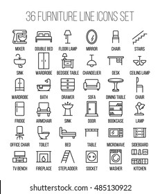 Set Of Furniture Icons In Modern Thin Line Style. High Quality Black Outline Home Symbols For Web Site Design And Mobile Apps. Simple Linear Interior Pictograms On A White Background.