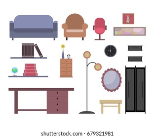 Set of furniture icons, simple design. Classic interior in flat design.  